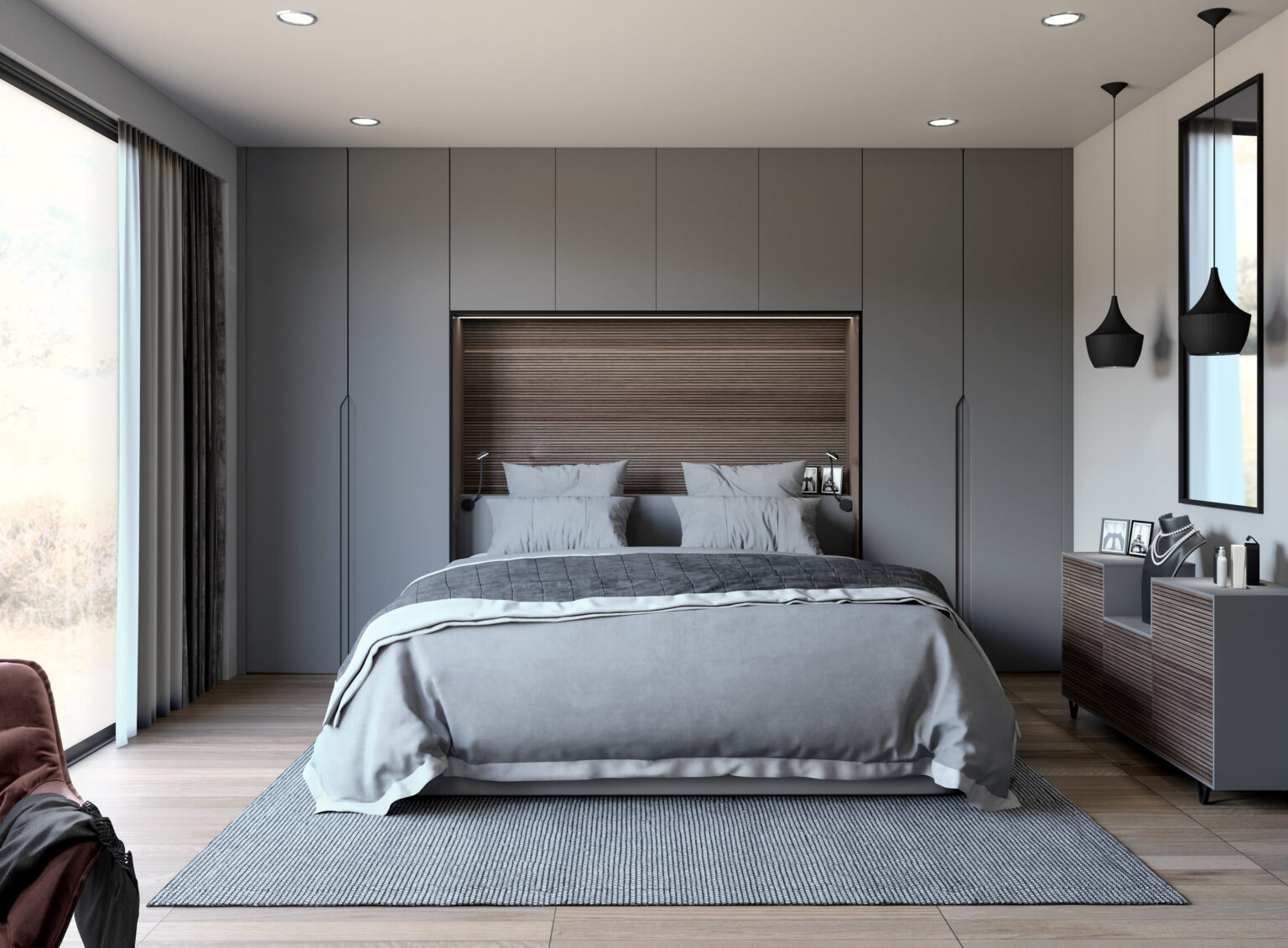Chambre avec placards sur mesure et tête de lit intégrée